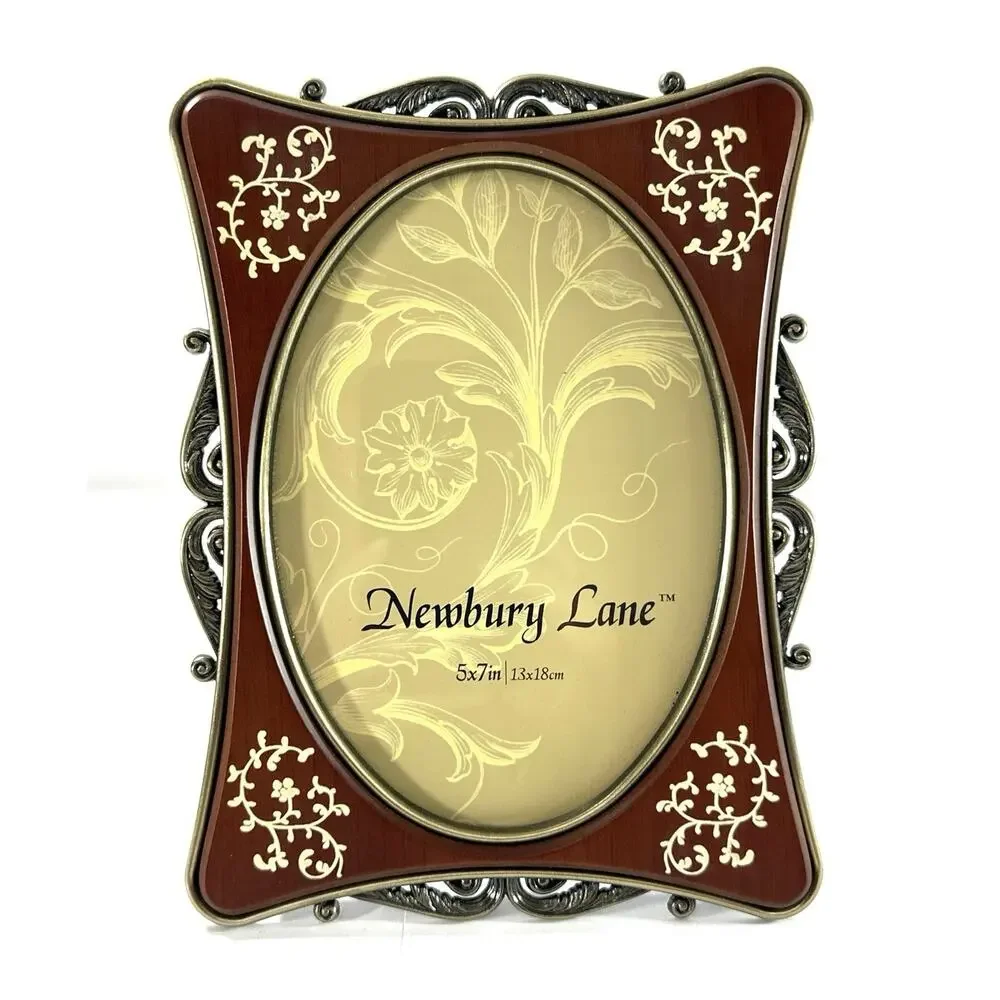 Newbury Lane Cast Pewter Picture Frame 5x7 Wood Look Inlay Ornate Scrollwork